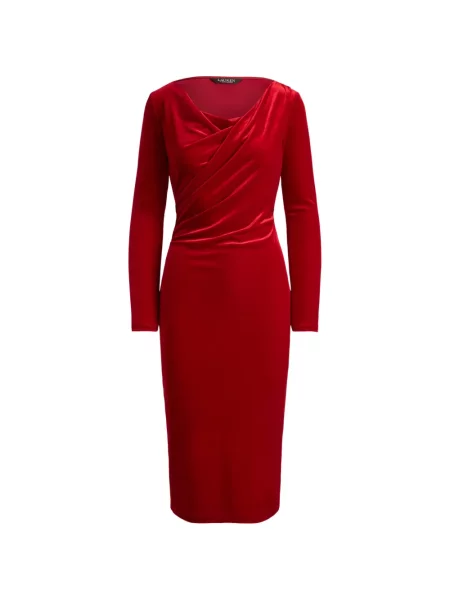 Rochie midi Lauren Ralph Lauren de catifea drapată roșu