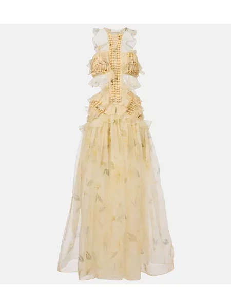 Jedwabna sukienka maxi Zimmermann z falbankami garniturowa żółta