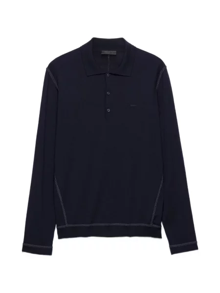 Lung tricou polo Prada de lână cu mâneci lungi albastru