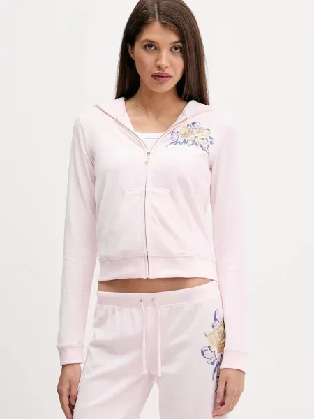 Juicy Couture bluză din velur Wrap You Up cu glugă cu imprimeu roz