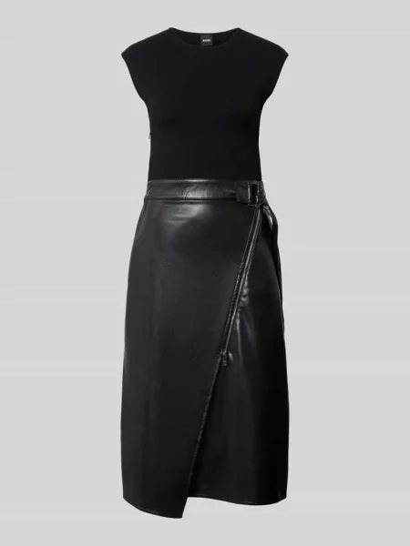 Sukienka midi taliowana ze spódnicą z imitacji skóry model ‘FLEDERI’ Boss czarna