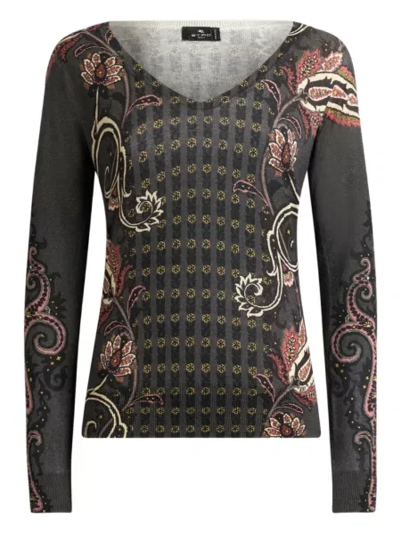 Top Etro cu model floral cu decolteu în V negru