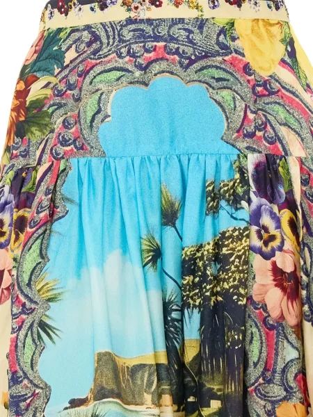 Fustă midi Camilla cu model floral cu imagine până la genunchi albastru