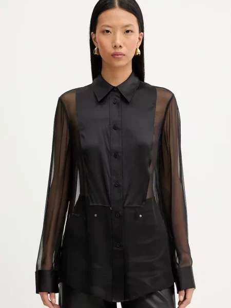 Filippa K cămașă de mătase cu guler clasic relaxed negru