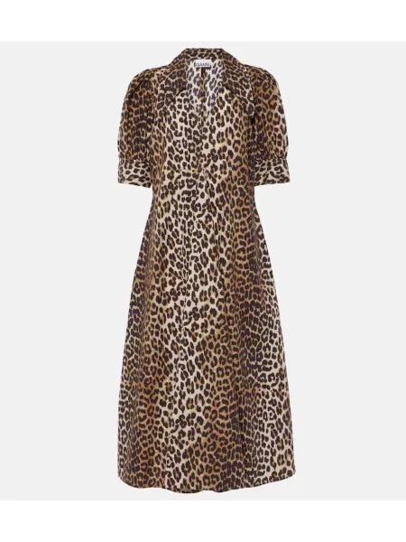 Rochie midi Ganni cu imagine cu model leopard până la genunchi maro