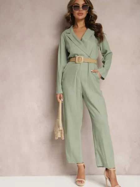 Salopetă cu Împletită Decolteu Tip Petală și Pantaloni Conici Avnja verde