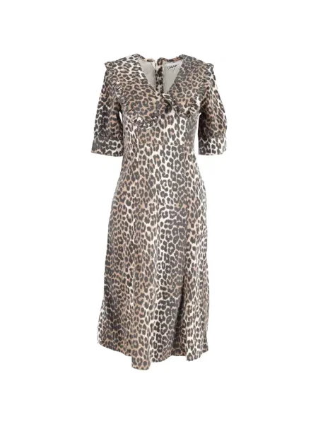Rochie midi Ganni cu imagine cu model leopard până la genunchi maro