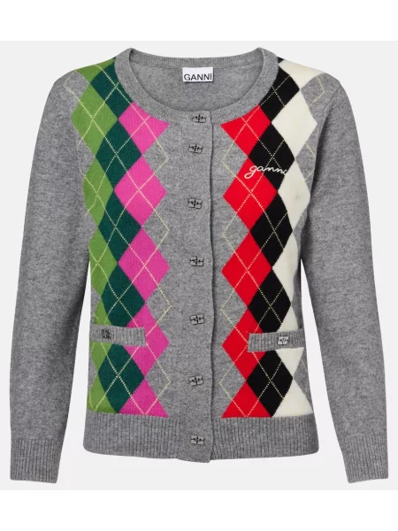 Cardigan Ganni de lână cu model argyle gri