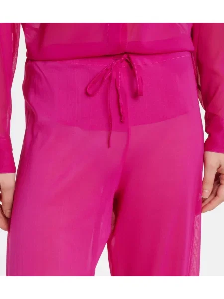 Pantaloni Dries Van Noten cu talie înaltă de mătase roz