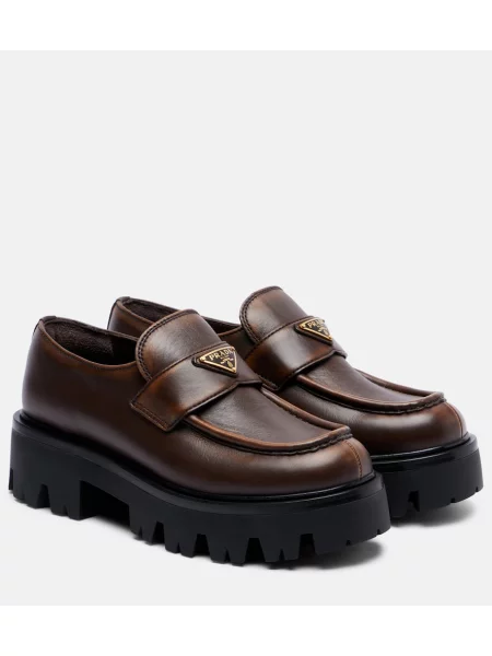 Usnjene loaferke Prada s platformo rjava