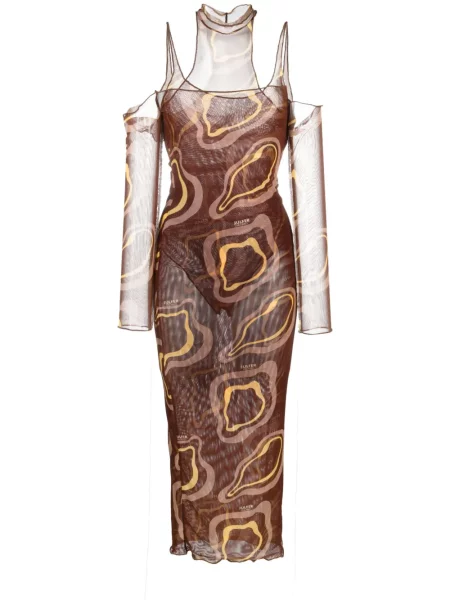 Rochie midi Julfer cu imagine cu imprimeu abstract până la genunchi maro