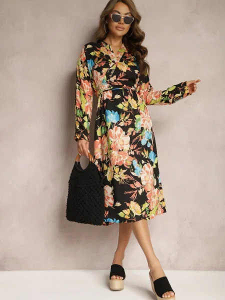 Rochie Neagră-Roz Tip Plic cu Imprimeu Floral Aleratoa negru