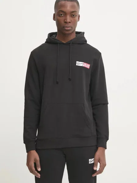 Dječja dukserica Tommy Jeans za muškarce s kapuljačom s tiskom crna