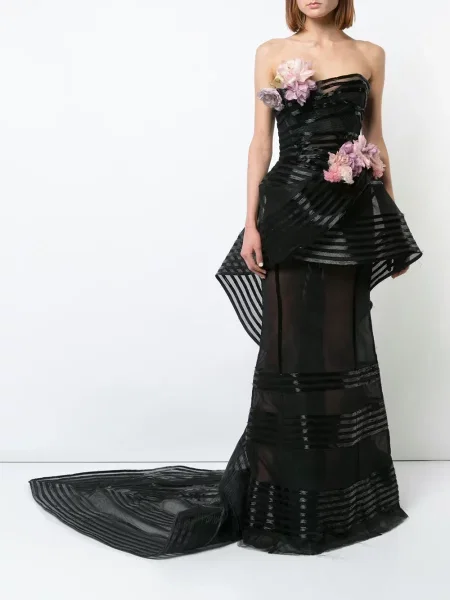 Rochie Marchesa cu model floral fără bretele negru