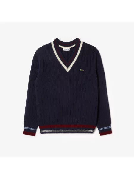 Lacoste Gruby Wełniany Sweter W Stylu Tenisowym granatowy