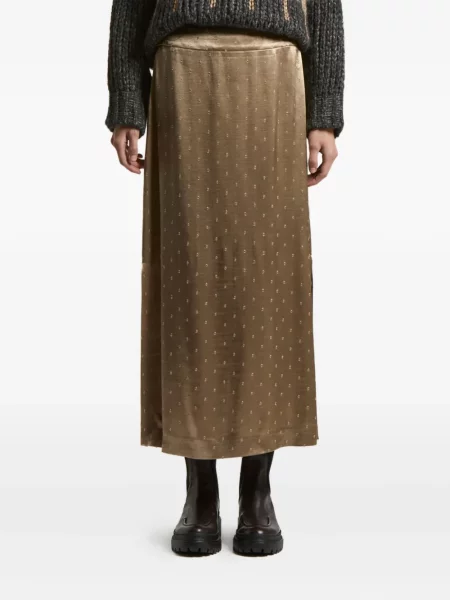 Fustă midi Peserico din satin cu buline până la genunchi maro