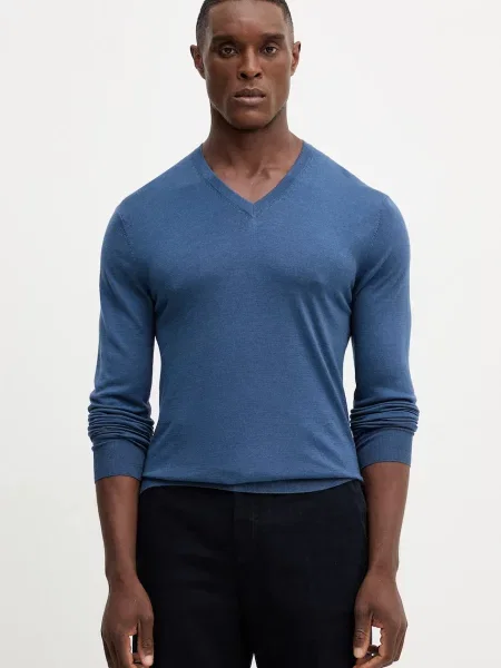 Пуловер с вълна Hackett London мъжки от лека материя тъмносиньо