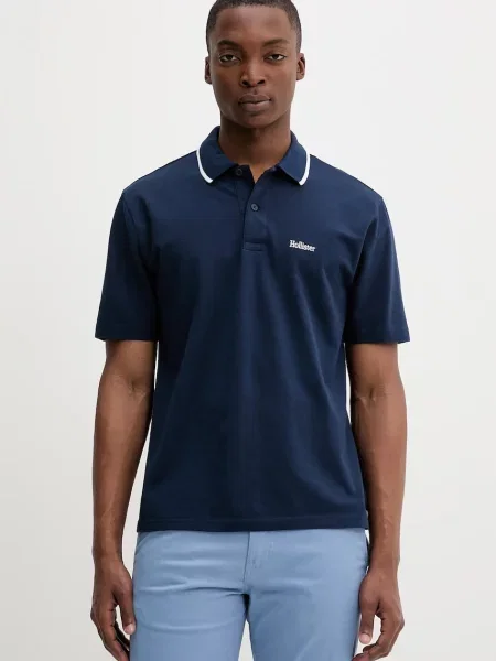 Тениска с яка Hollister Co. с изчистен дизайн тъмносиньо