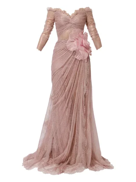 Rochie Iris Serban cu model floral plisată din dantelă roz