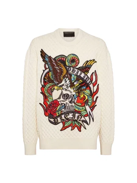 Sweter Philipp Plein wełniany z nadrukiem biały