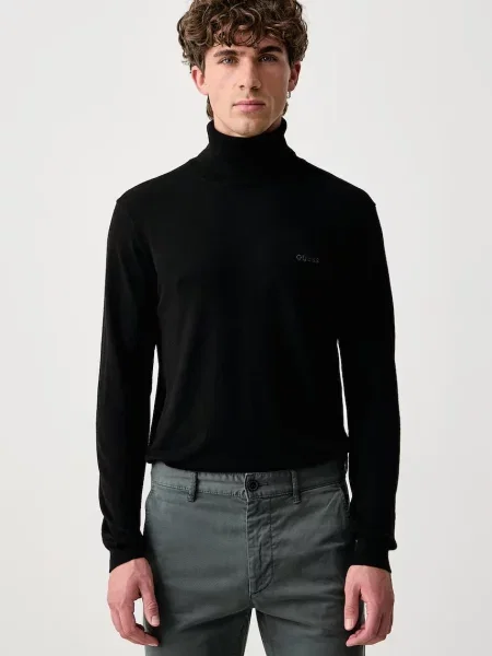 Pulover Guess de lână cu guler înalt negru