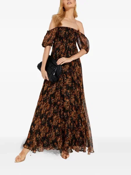 Rochie maxi Caroline Constas cu model floral cu imagine de costum maro