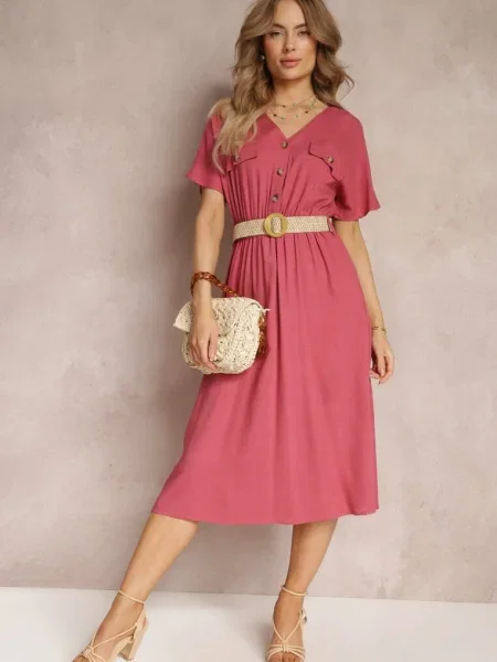 Rochie Cămașă Midi din cu în Talie și Împletită Emera Închis roz