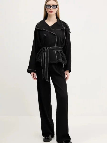 HUGO płaszcz z domieszką lnu przejściowy oversize czarny