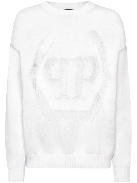 Pulover Philipp Plein cu decolteu rotund alb