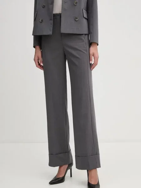 Панталон с вълна Sisley със стандартна кройка с висока талия сиво