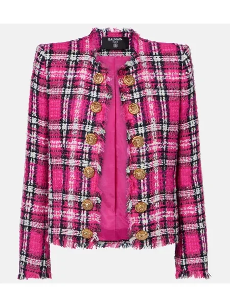 Geacă Balmain de lână în carouri roz
