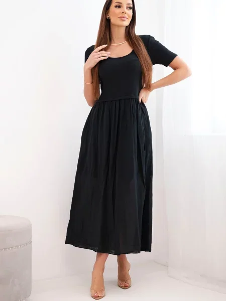 Rochie midi Kesi Włoski cu mâneci scurte până la genunchi evazată negru