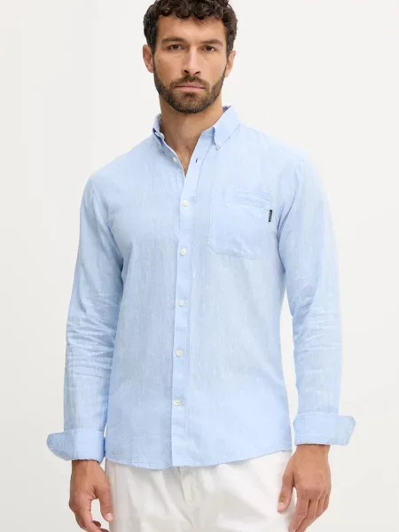 Ленена риза Lindbergh зелено със стандартна кройка с яка с копче синьо