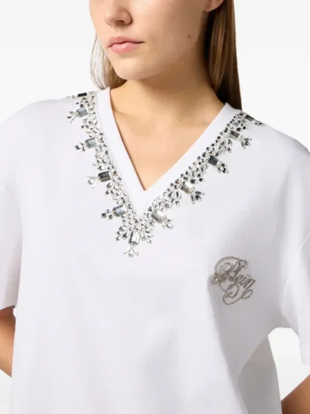 Tricou Philipp Plein cu broderie cu decolteu în V alb