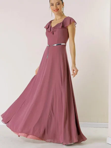 Gulerat cu centură rochie By Saygı din șifon