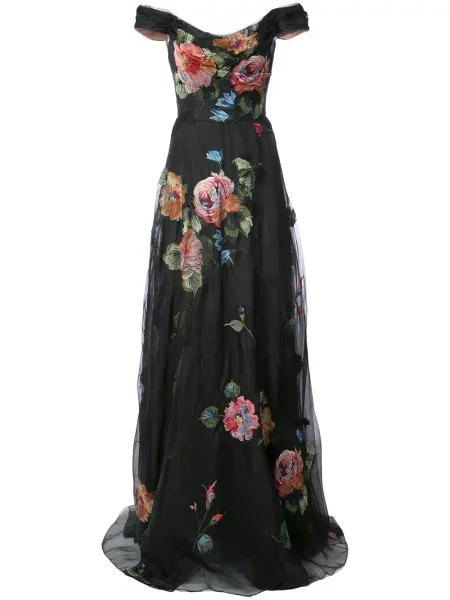 Rochie Marchesa Notte cu broderie cu model floral cu umerii deschiși negru
