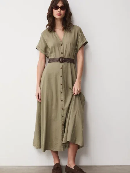 Medicine sukienka rozkloszowana z lnem zielona
