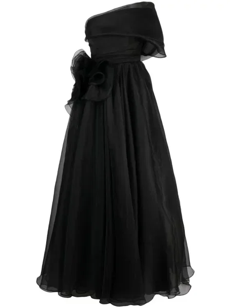 Rochie maxi Ana Radu drapată cu un umăr gol de costum negru