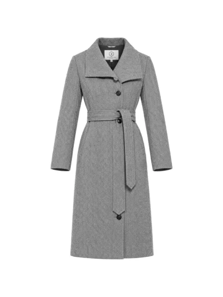 Cu centură palton Norwegian Wool de lână cu model herringbone gri