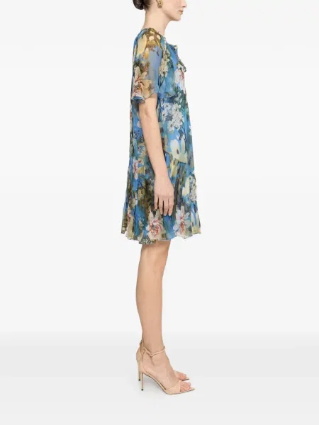 Rochie mini Nissa de mătase cu model floral cu volane albastru