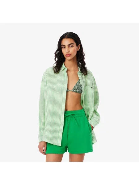 Lacoste Oversizowa Lniana Koszula W Paski zielona