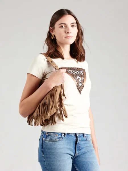 GUESS Tricou nisipiu / bronz / alb bej