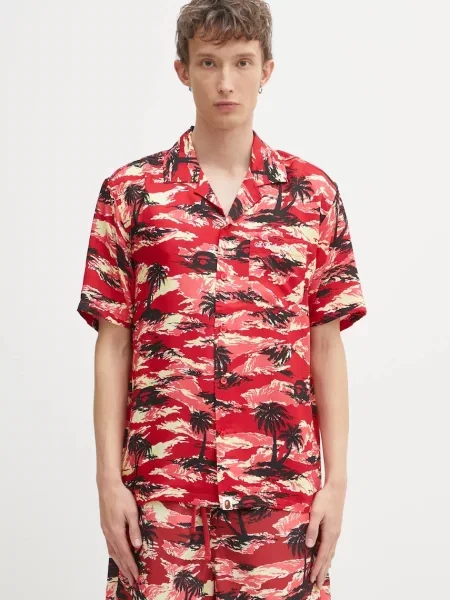 A Bathing Ape cămașă Palm Tree Camo Open Collar rosu cu guler clasic regular