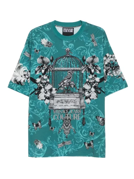 Koszulka Versace Jeans Couture w kwiatki z nadrukiem niebieska
