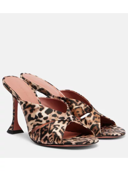 Satenaste mules Amina Muaddi s potiskom z leopardjim vzorcem rjava