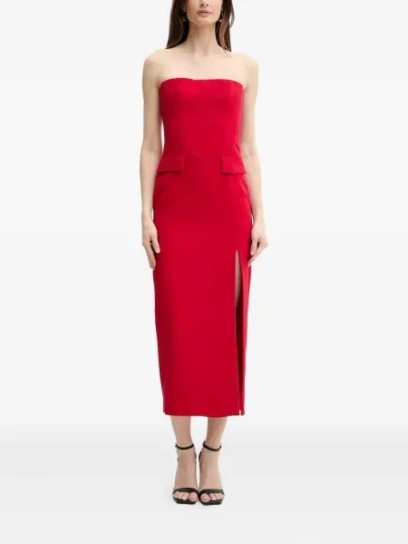 Sukienka midi Bardot do kolan bez ramiączek garniturowa czerwona