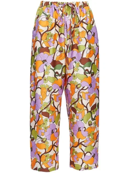 Pantaloni La Doublej cu model floral cu pene verde
