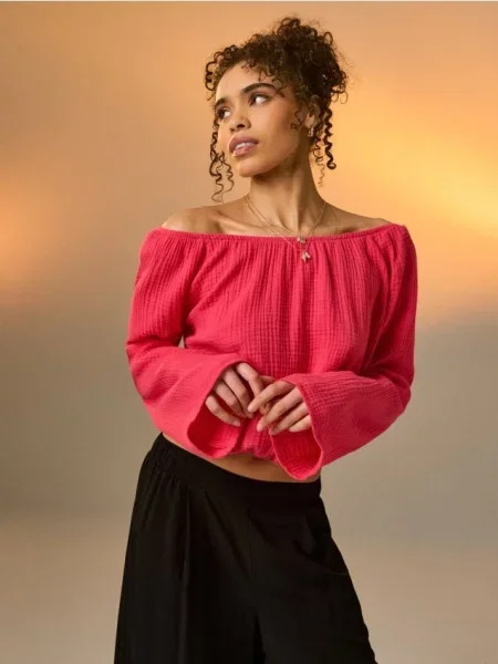 Муслінова блузка з плісировками та розширеними рукавами яскраво-рожевий рожева