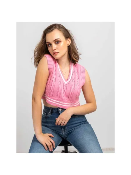 Sweter Tommy Hilfiger z dekoltem w serek różowy