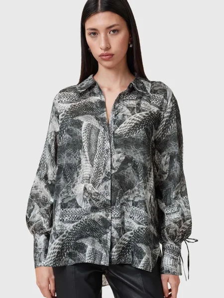 AllSaints camasa din amestec de matase LEYLA femei cu guler clasic relaxed gri